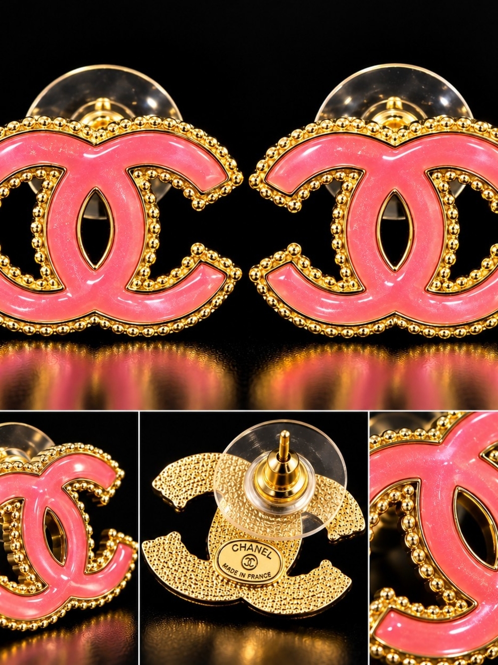 CHANEL Pink and Gold CC Logo Enamel Stud Earrings